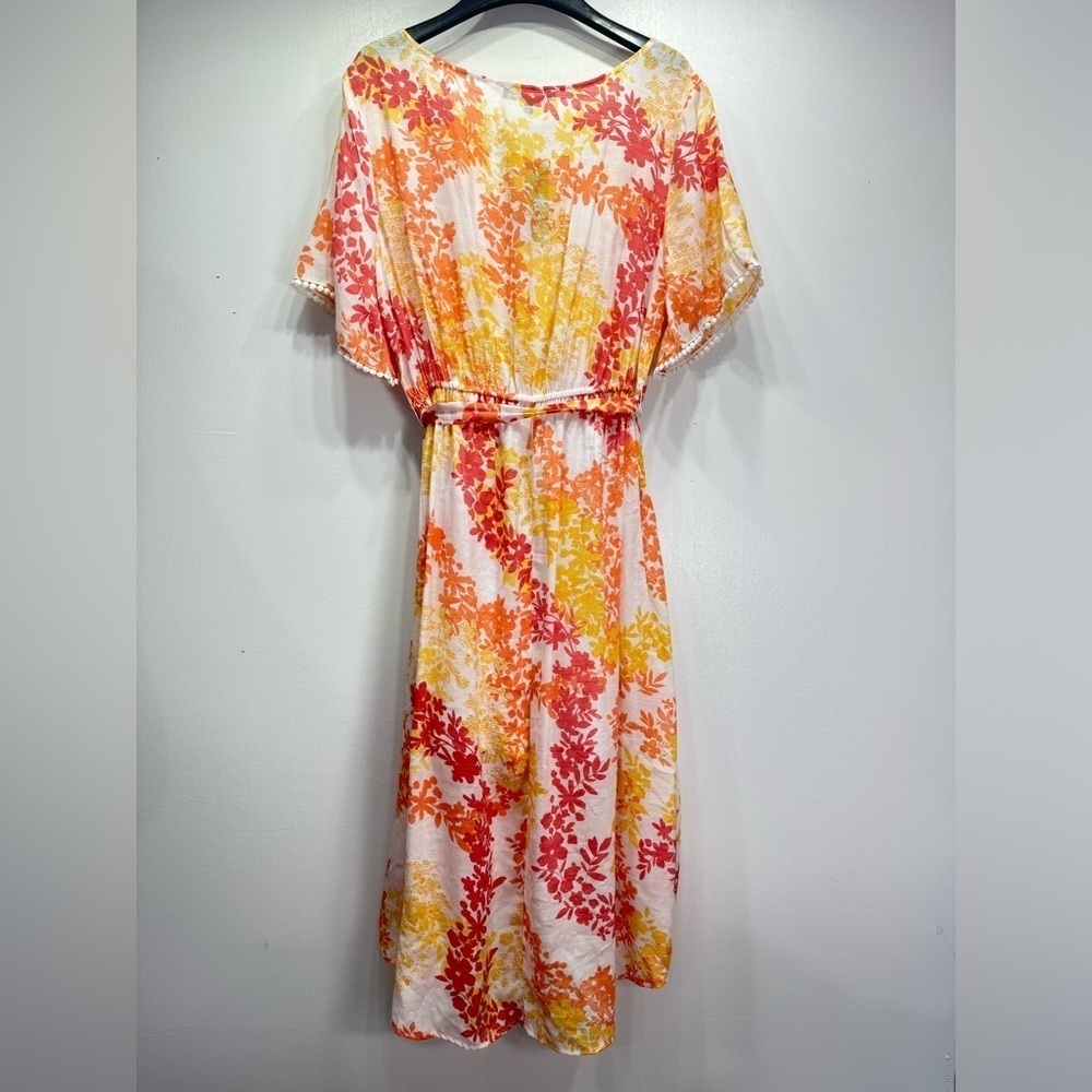 Adrienne Vittadini Floral V neck Semi Sheer Flowy Short Sleeve Dress Size L - Picture 4 of 10